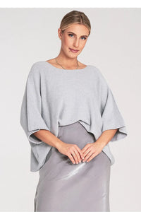 pull poncho femme maille fine gris clair oversize encolure bateau manches amples troisquarts kimono tombé fluide ourlet asymétrique