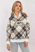 Sweatshirt pour femmes en coton élasthanne motif carreaux doré col zippé coupe ample style décontracté