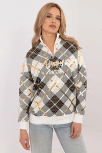 Sweatshirt pour femmes en coton élasthanne motif carreaux doré col zippé coupe ample style décontracté