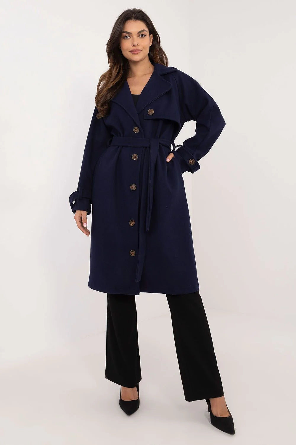Manteau trench Och Bella intemporel longueur genoux couleur navy matelassé boutons décoratifs ceinture ajustable femme
