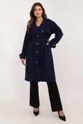 Manteau trench Och Bella intemporel longueur genoux couleur navy matelassé boutons décoratifs ceinture ajustable femme