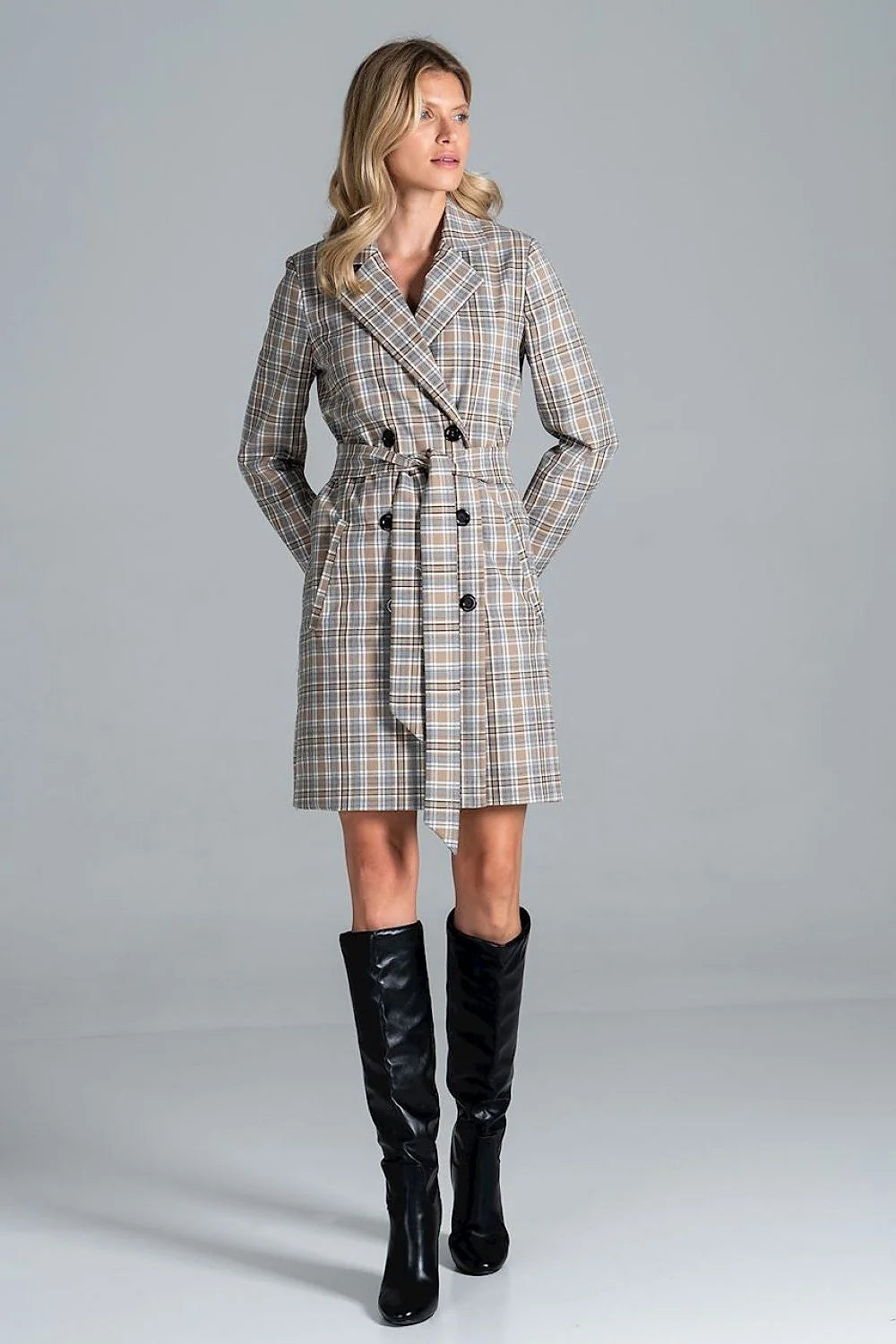 Manteau femme laine élégant croisé boutons double rangée poches automne-hiver rose pâle ajustable