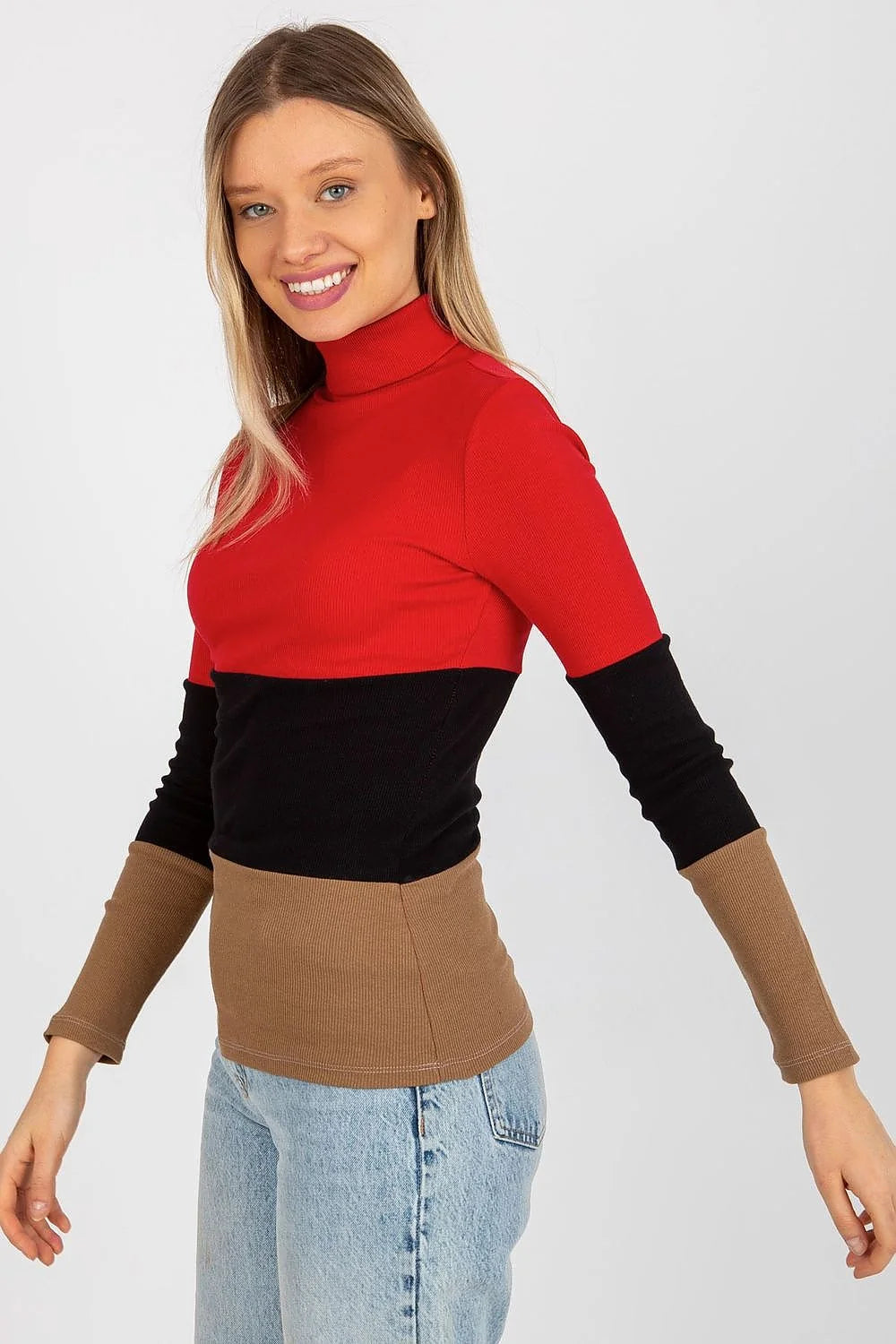 Pull col roulé multicolore maille côtelée coton élasthanne bleu rose vert ajusté manches longues ourlets nets design moderne