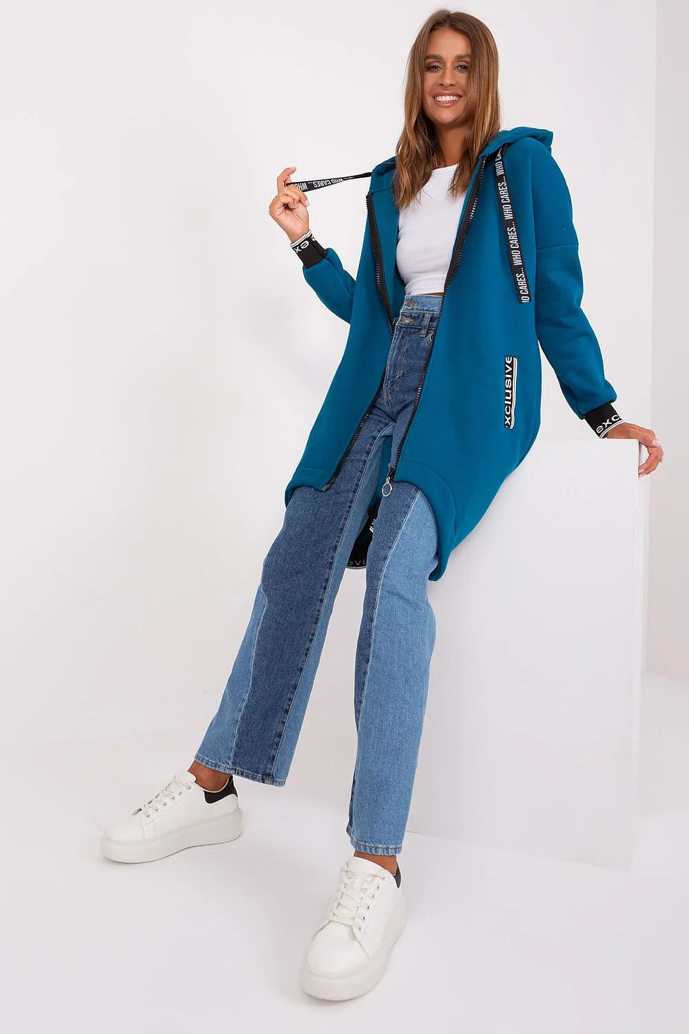 Sweatshirt Relevance pour femme longline oversized hooded zippered contrast cuffs urban style