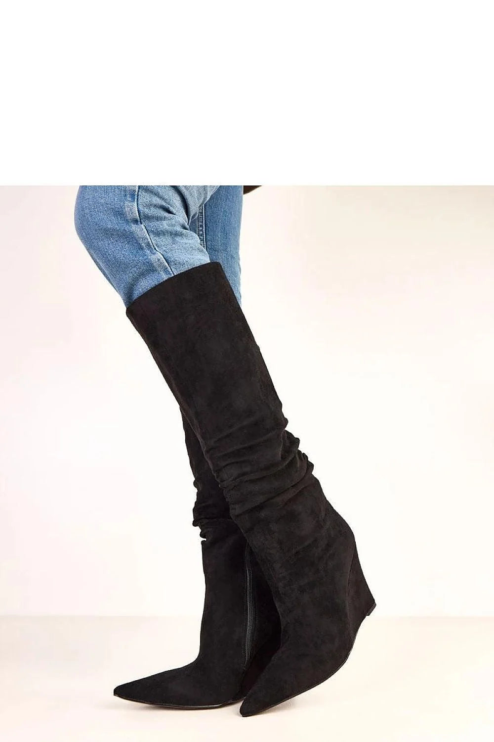 bottes cothurnes femme cuir suédé écologique noir tige 41cm bout pointu élancé talon compensé 11cm froncée fermeture éclair