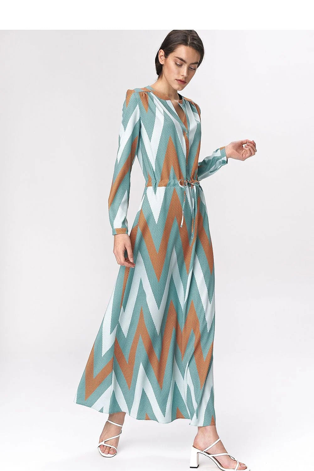Robe longue fluide polyester spandex turquoise imprimé zigzag manches longues élégante ajustable occasions multiples femme