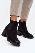 bottines femme suédine écologique chelsea cheville courte doublées talon colonne 7cm confortable semelle crantée antidérapante bout arrondi détail doré chic