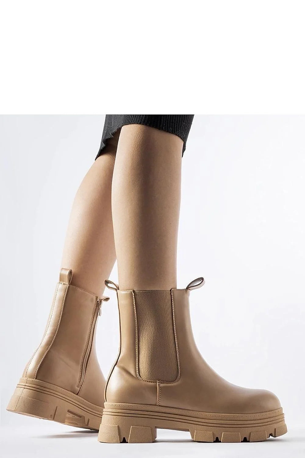 Bottines femmes beige clair design moderne coupe mi-haute semelle plateforme fermeture éclair élastique panneau arrière tirette