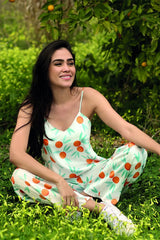 Combinaison estivale en polyester élégant décolleté V fruits tropicaux crème orange vert ajustable séduisante