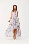 Robe de cocktail élégante longue mousseline soie floral rose lilas sans manches décolleté V croisé taille ajustable femmes