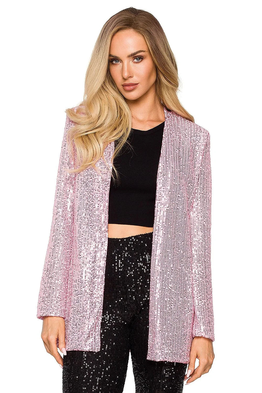 Veste de fête scintillante argentée longue élégante pour femme, style moderne chic coupe droite sequins brillants polyester 100 %