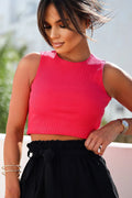Top IVON crop top rose vif maille côtelée sans manches ajusté coupe courte femme