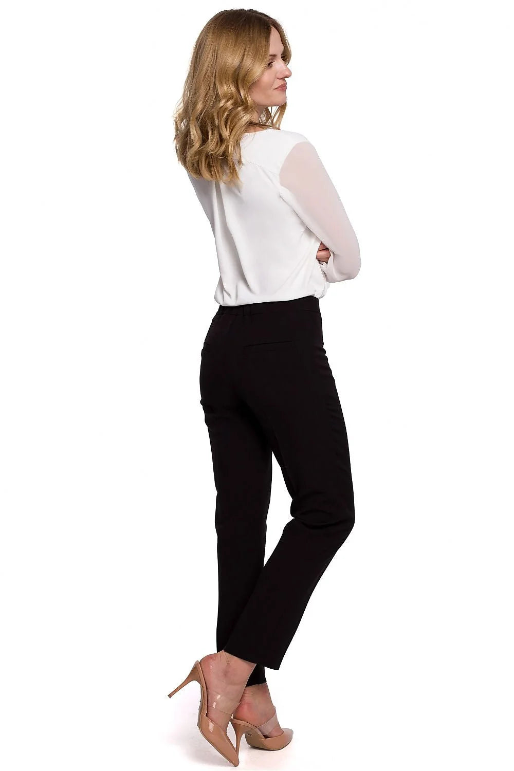 Pantalon noir long Makover coupe cigarette slim taille haute ajustable élasthanne polyester stretch confortable élégant professionnel soirée bureau