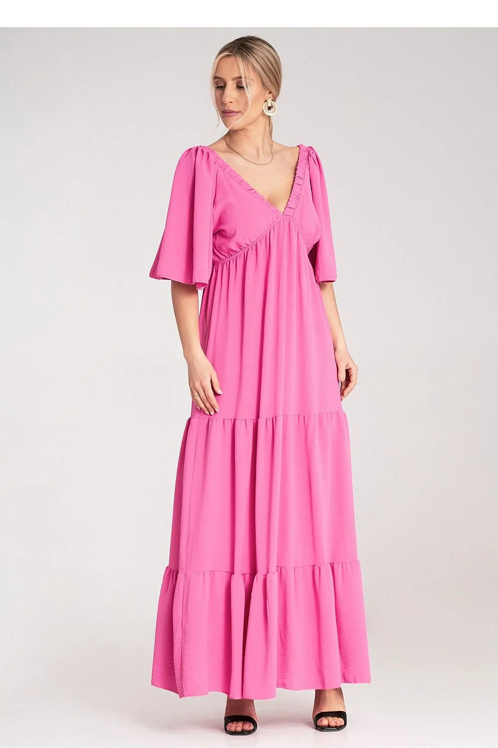 Robe de jour Figl rose vif manches courtes amples encolure en V dos élégant polyester 100% femme