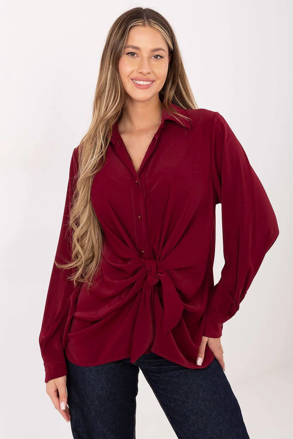chemise femme manches longues bouffantes poignets col classique boutonnage central laçage décoratif nœud drapé fronces bordeaux polyester fluide