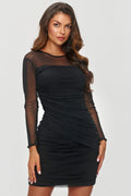 Makadamia robe noire courte moulante ajustée soirée cocktail manches longues transparentes tulle col rond drapé fronces stretch sculptante élégante sophistiquée