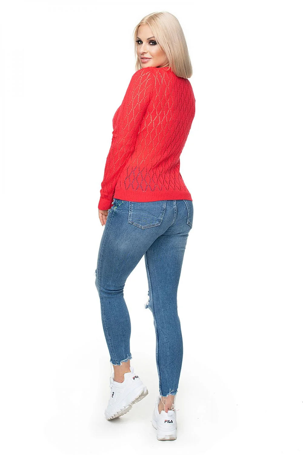 Chandail féminin à encolure V en maille ajourée motif losange couleur rouge vif manches courtes ajusté
