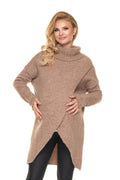 pull grossesse moderne confortable col roulé épais beige taupe oversize tunique mi cuisse asymétrique ouverture allaitement manches bouffantes