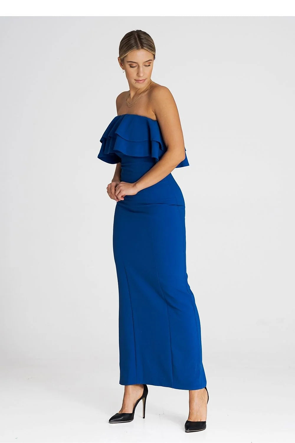 Robe de cocktail élégante longue sans manches volants double encolure bleu vif femmes occasion spéciale