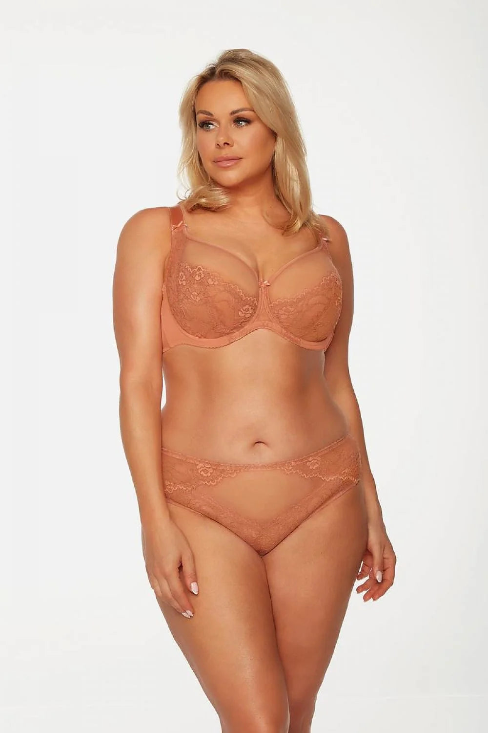 Ensemble de lingerie Soft Bella Misteria soutien-gorge balconnet dentelle floral ajustables culotte échancrée couleur brun terre cuite femmes