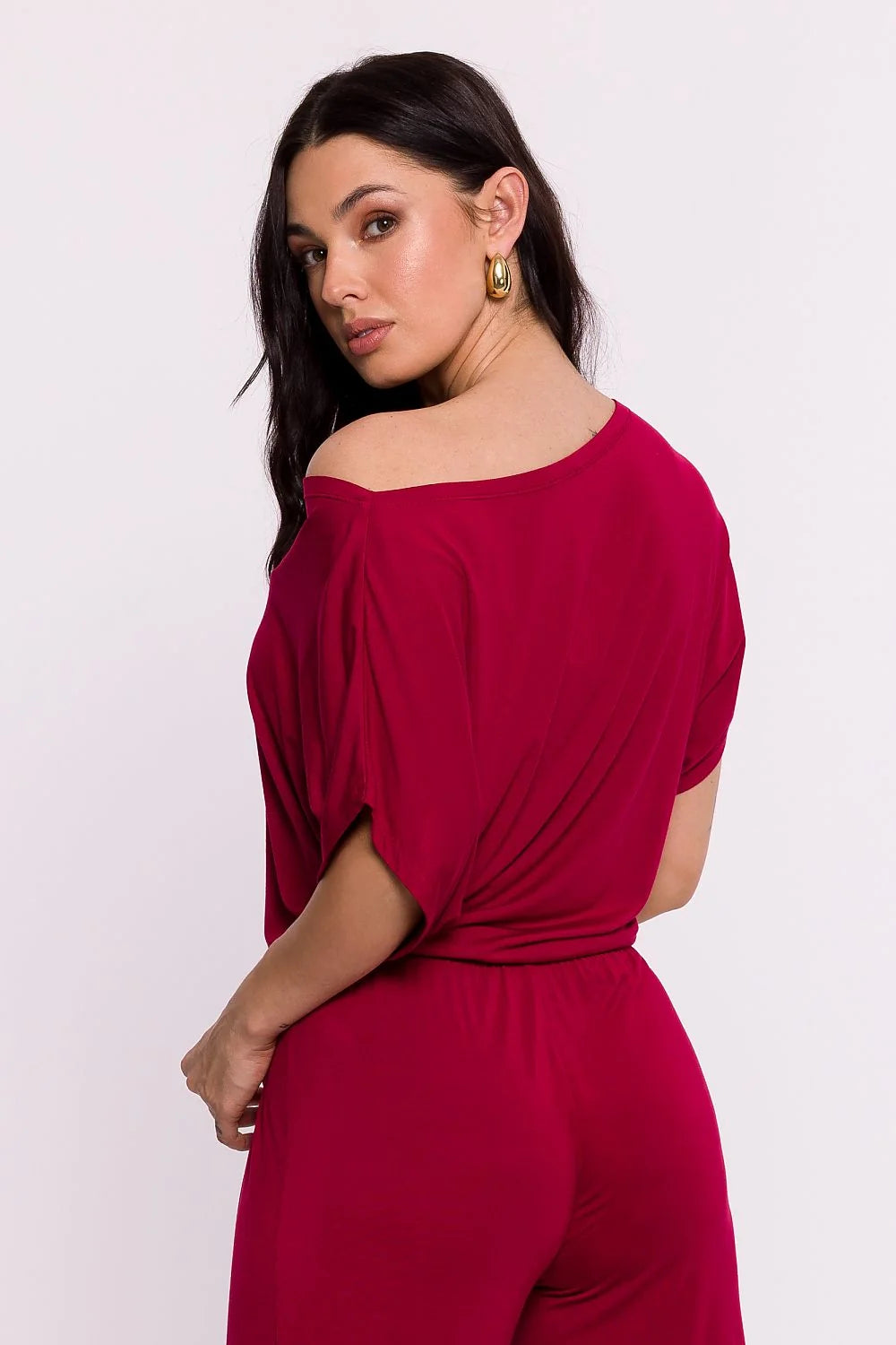Ensemble deux pièces pour femme en maille viscose couleur bordeaux manches courtes style chauve-souris encolure boat neck
