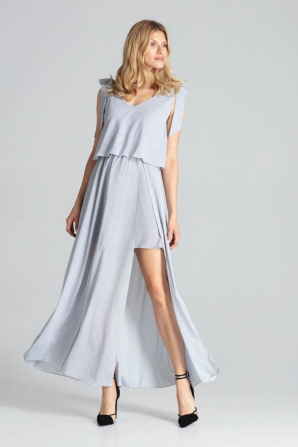 robe soirée longue rouge vif élégante cocktail polyester stretch col V profond sans manches taille élastiquée fente latérale