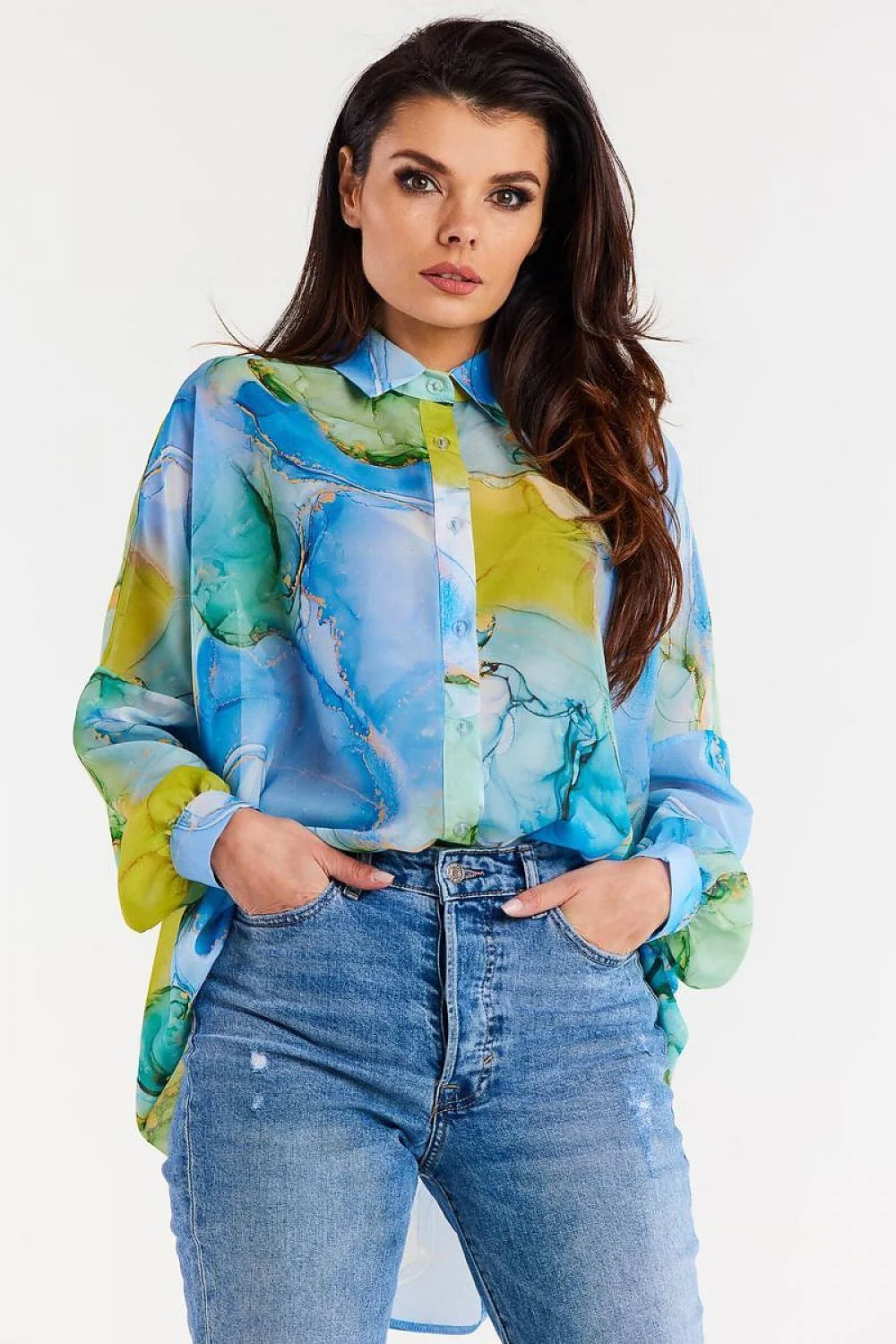 Chemise femme manches longues motif abstrait couleurs aquarelles Polyester 100% coupe ample style raffiné occasionnels décontracté chic à formel