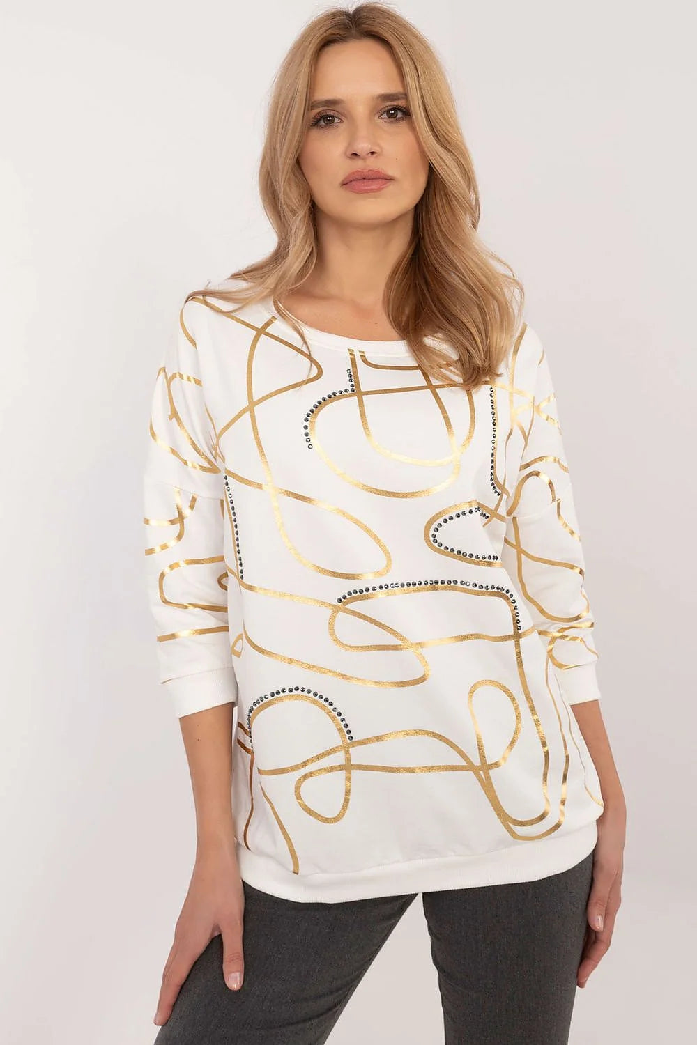 Top mode femme décontracté sophistiqué motifs dorés coton doux manches longues poignets côtelés neckline ronde