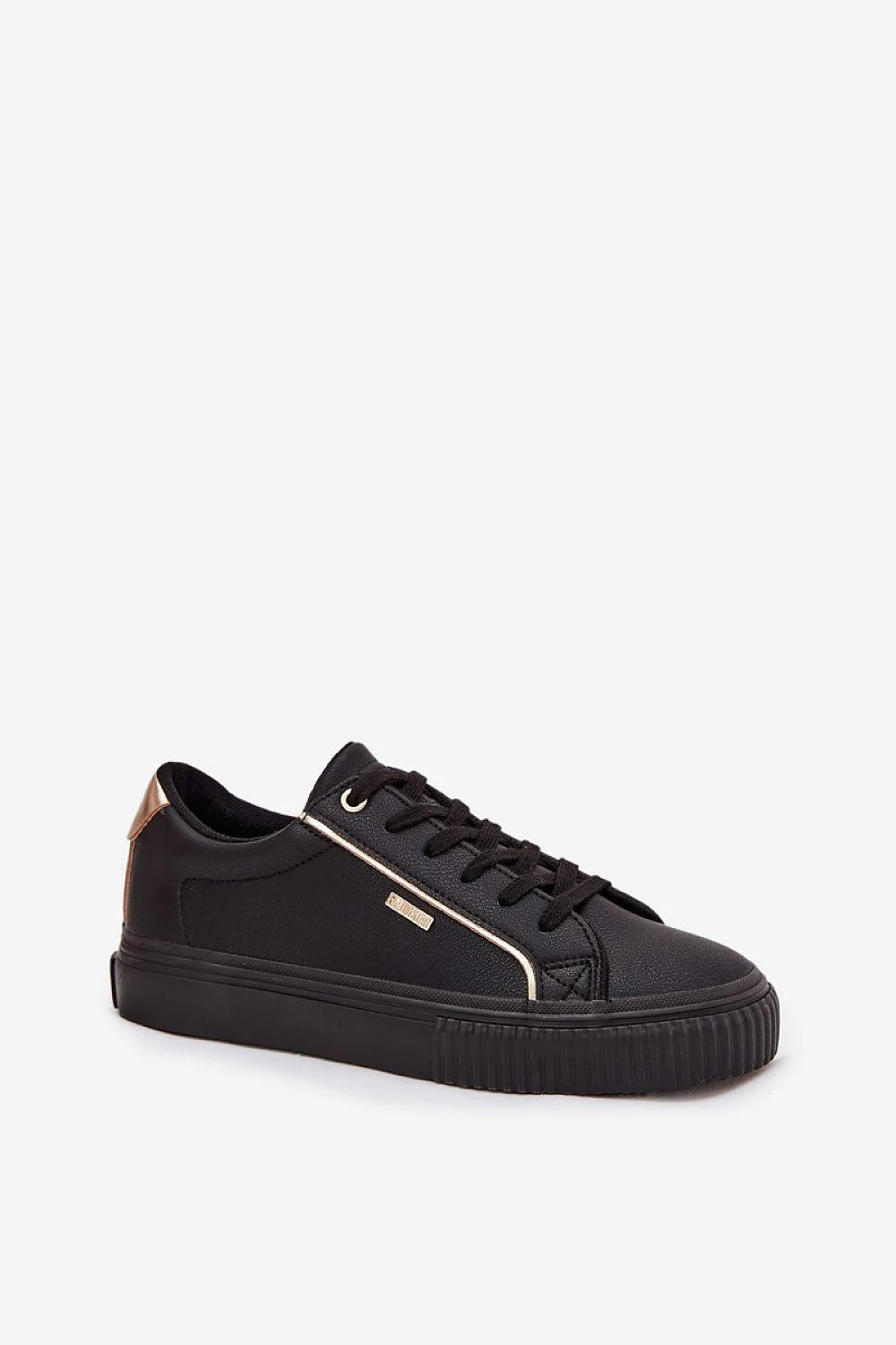 basket basse femme cuir synthétique grainé noir semelle plateforme épaisse crantée rond lacets œillets liseré doré rembourré confort