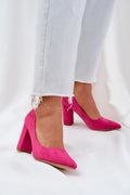 Escarpins élégants à talon large en suède rose, design moderne, confortable, pour soirées et réunions