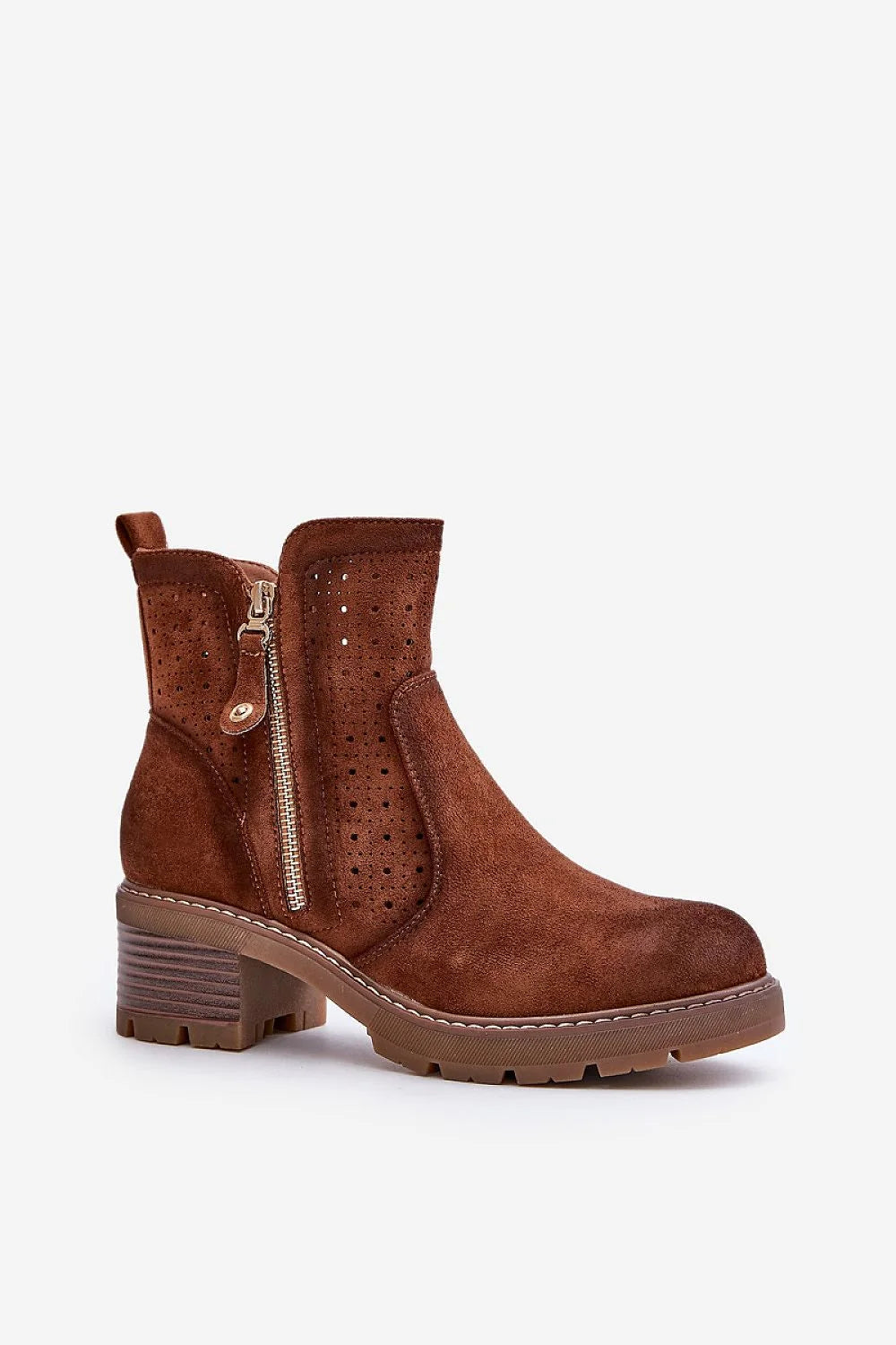 bottines talon bloc carré ecosuede marron cognac perforations couture apparente semelle crantée confortable doublure tissu soutien quotidien urbain élégant