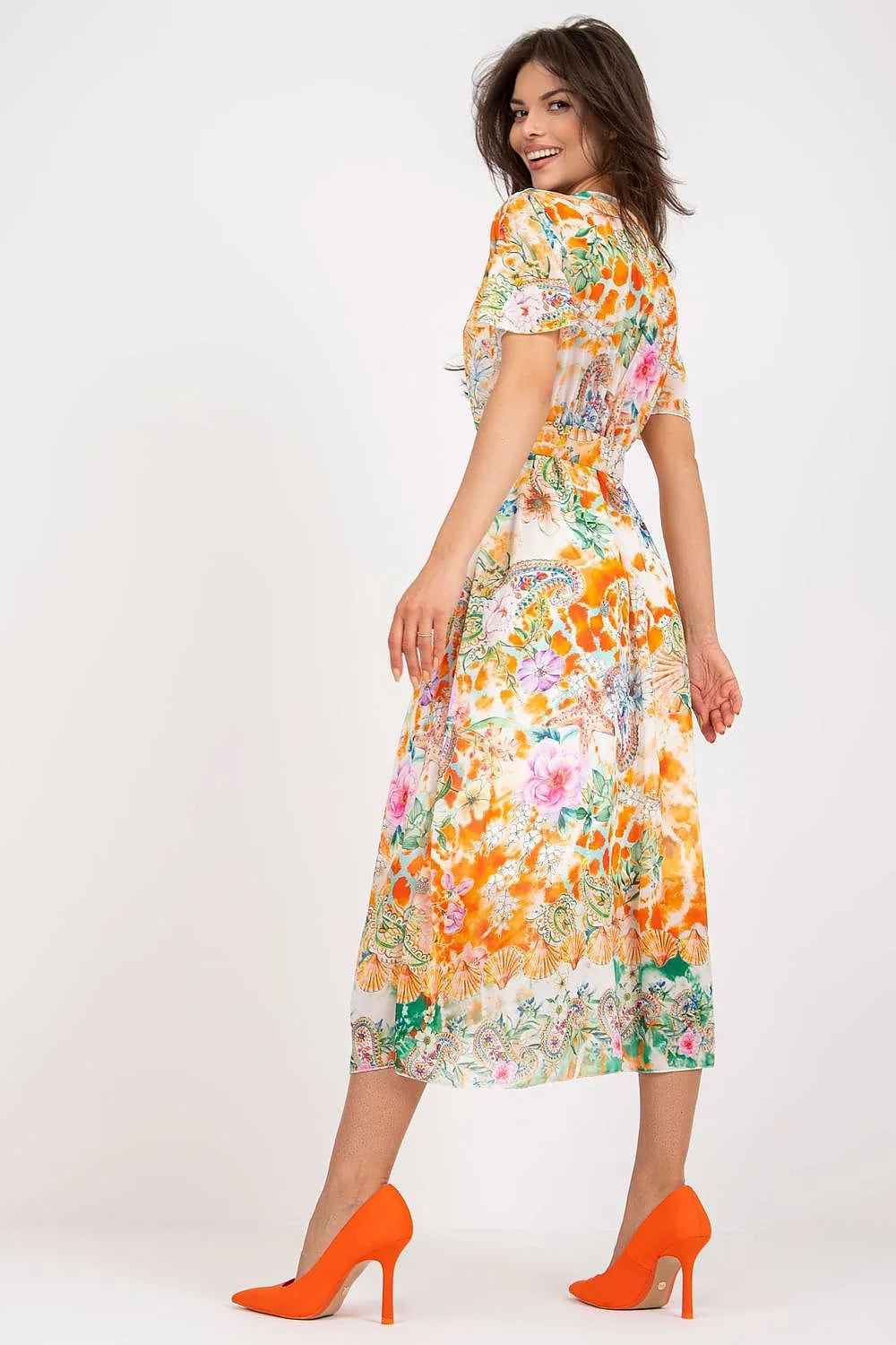 Robe de jour élégante Italy Moda imprimé floral orange vert rose polyester coupe midi décolleté V manches courtes ceinture coordonnée femmes