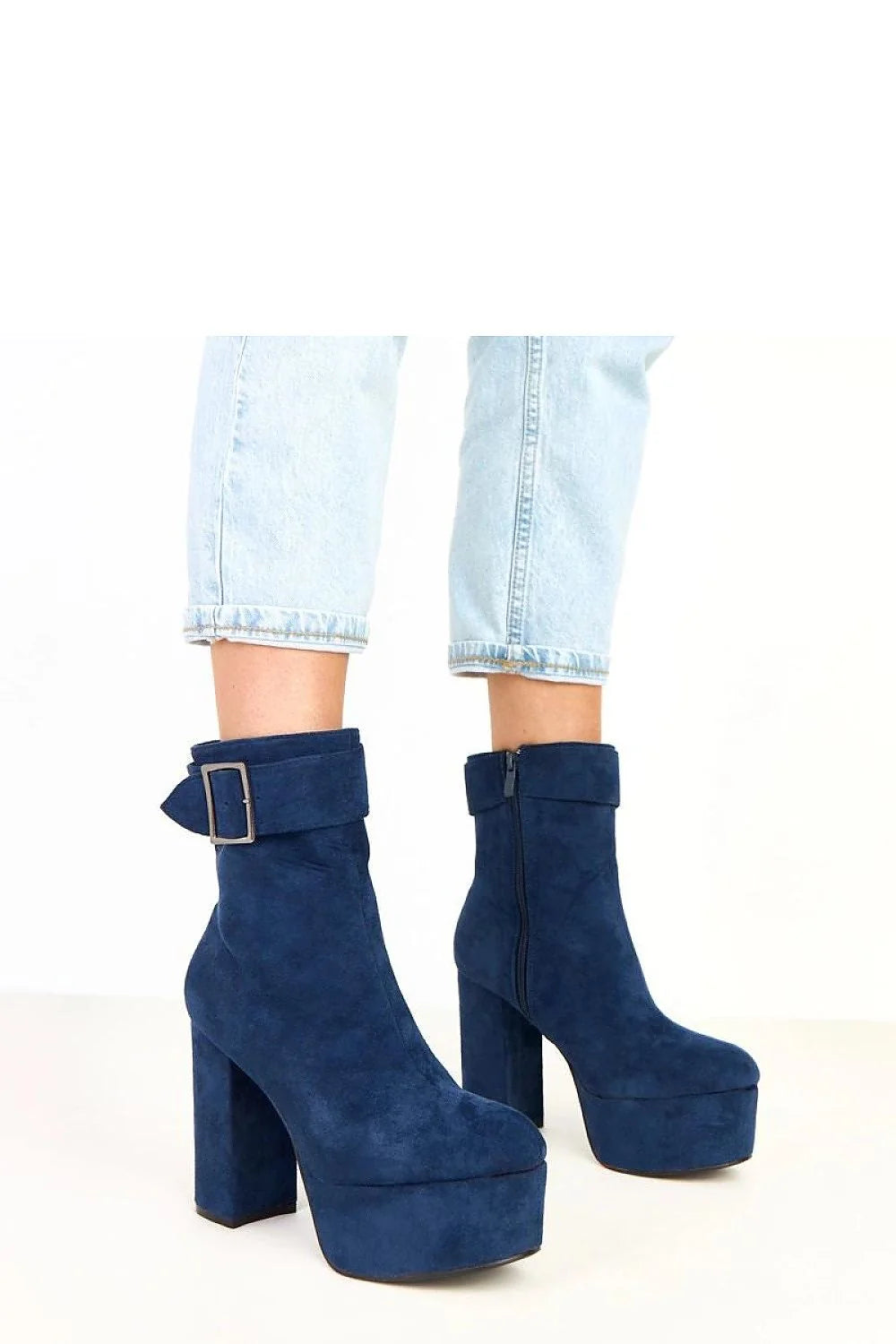 bottines femme suédé écologique bleu marine boucle décorative bout rond talon poteau 12cm plateforme 45mm tige 17cm fermeture zippée