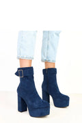 bottines femme suédé écologique bleu marine boucle décorative bout rond talon poteau 12cm plateforme 45mm tige 17cm fermeture zippée