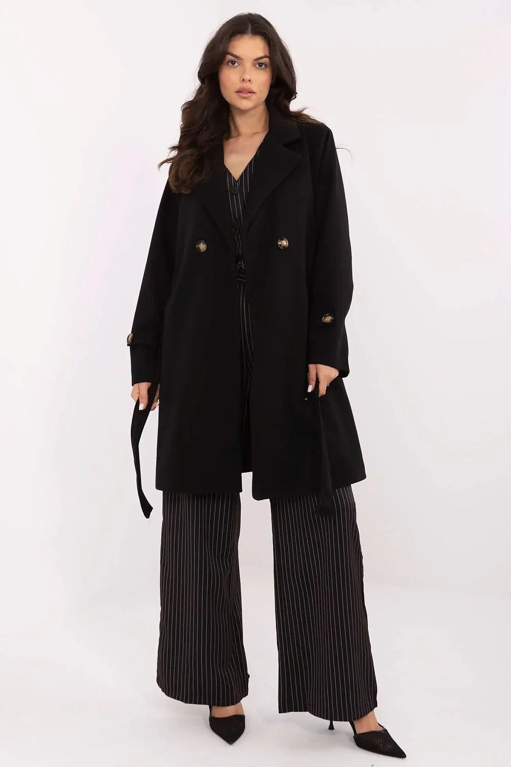 Manteau Italy Moda élégant pour femme rayures fines noir et blanc polyester doublé occasionnels