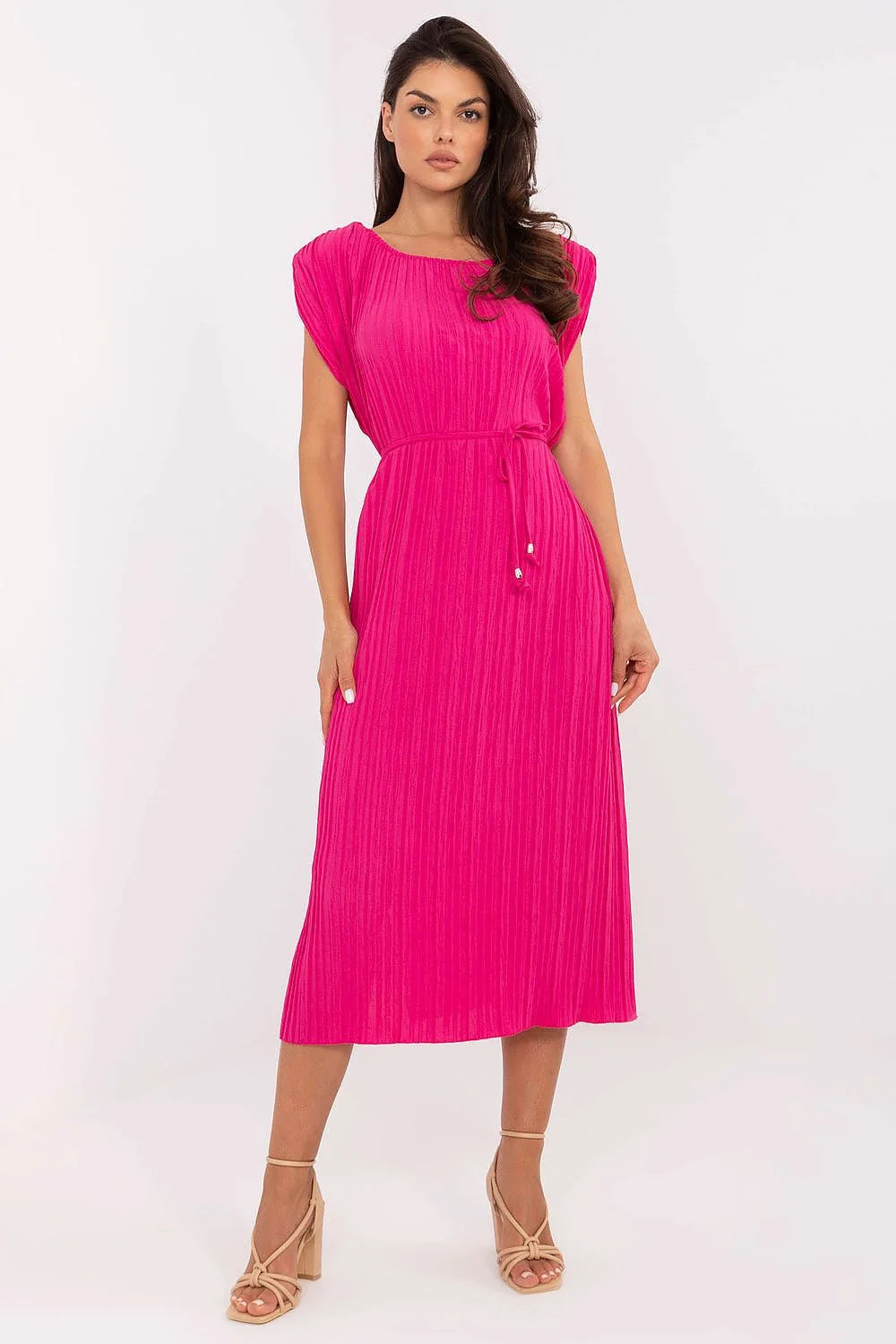 Robe de jour Italy Moda midi manches courtes fuchsia vif polyester léger plissé cordelette métallique femmes occasions quotidiennes festives