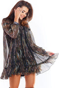 Nuisette en tulle transparent style glamour sexy imprimé léopard manches longues fluide élégante femme
