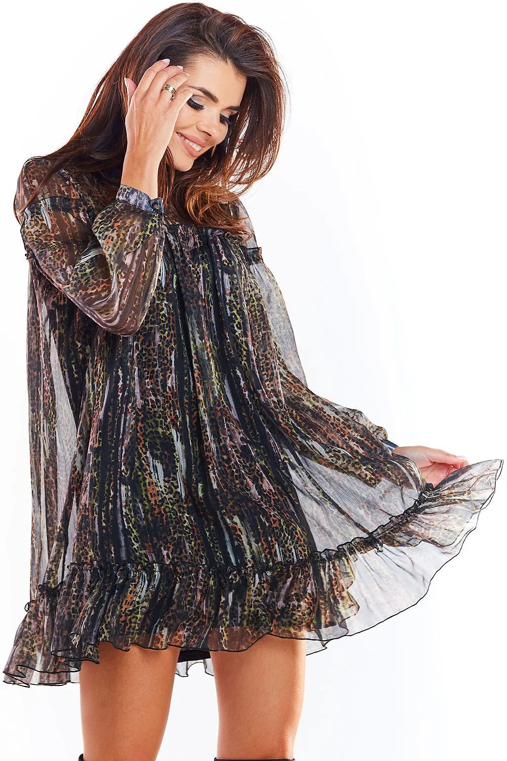 Nuisette en tulle transparent style glamour sexy imprimé léopard manches longues fluide élégante femme