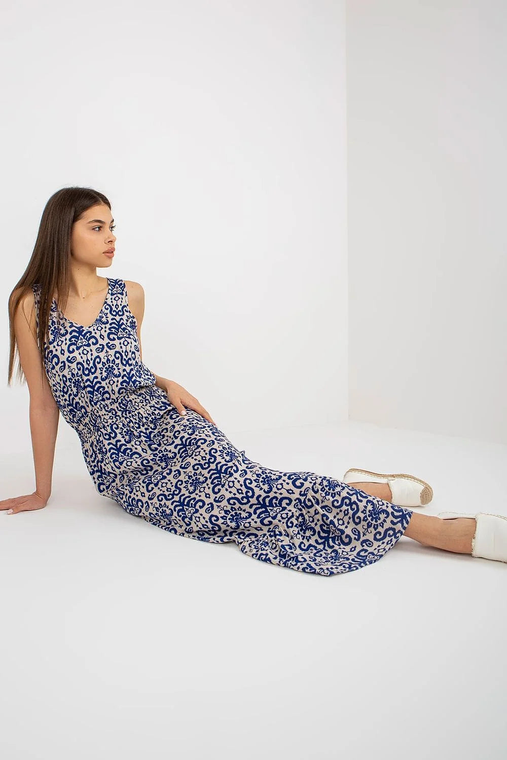 Robe de jour Fresh Made été longue sans manches encolure V taille élastiquée ourlet volanté viscose bleu beige femme