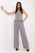 Ensemble femme élégant moderne gris clair veste sans manches pantalon large bustier décolleté espagnol occasions formelles