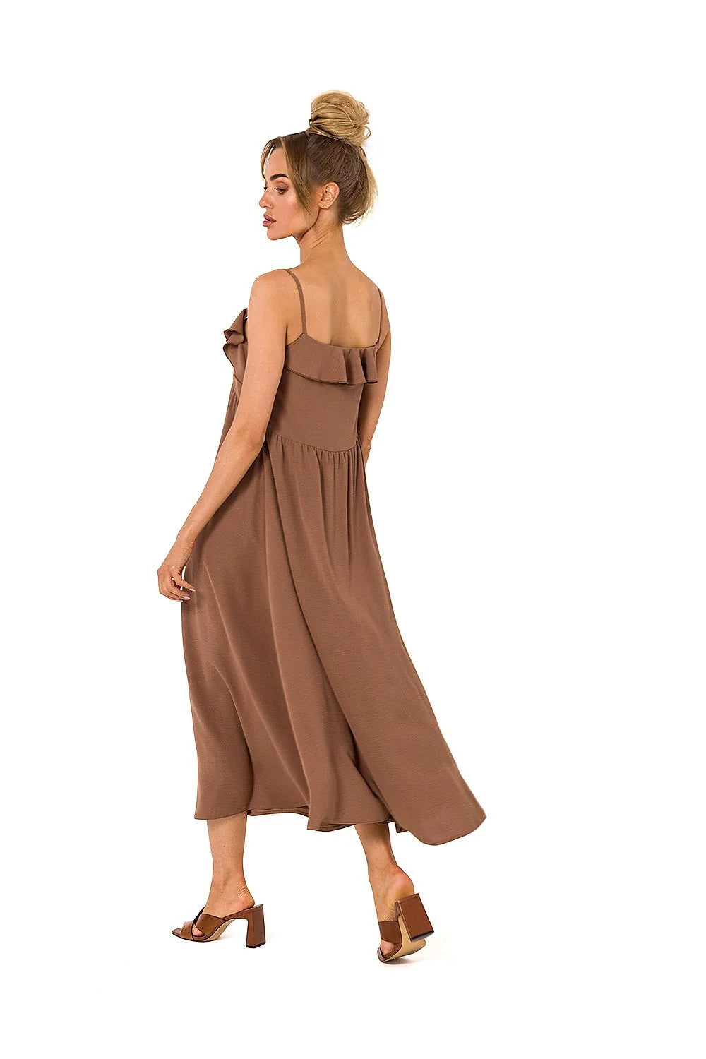 Robe de jour Moe élégante en polyester 95% avec bretelles fines et volants au décolleté en V pour femme, taille ajustable, longueur midi