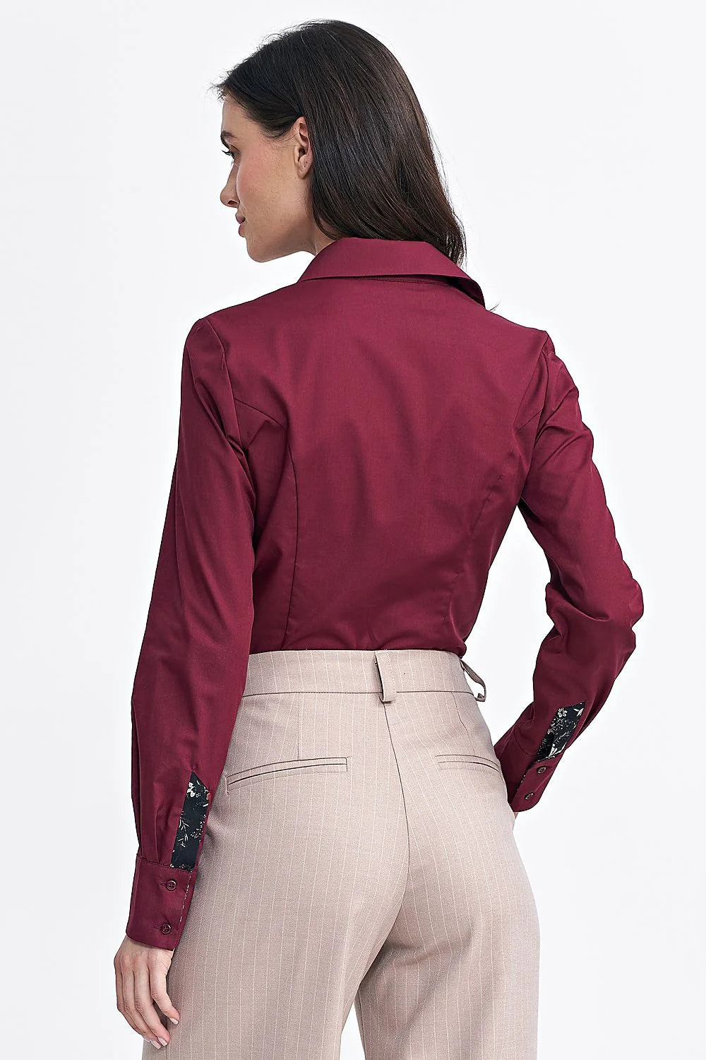 Chemise manche longue Nife pour femme style élégant coupe ajustée col pointu motifs floraux contrastants tissu de haute qualité