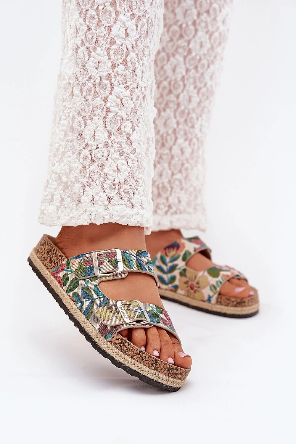 Sandales pour femmes Lee Cooper en tissu multicolore plateforme liège tressé semelle cuir suédé écolo