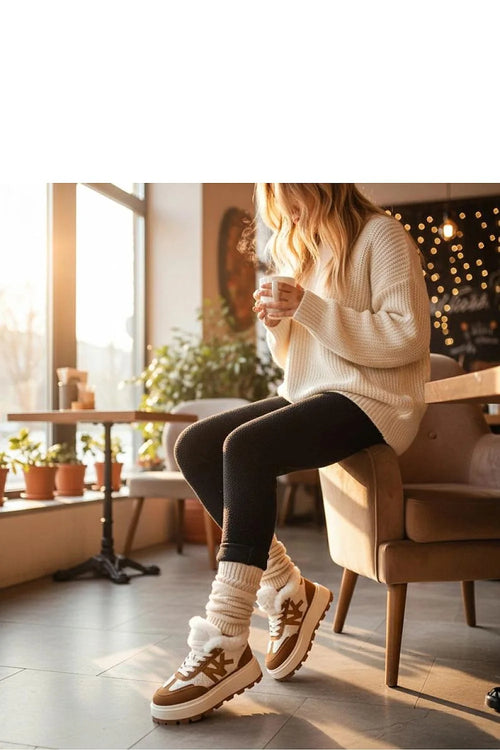 baskets montantes compensées fourrure fausse camel blanc semelle plateforme crantée antidérapante suédine textile lacets rondes confortables chaudes urbaines élégantes durables