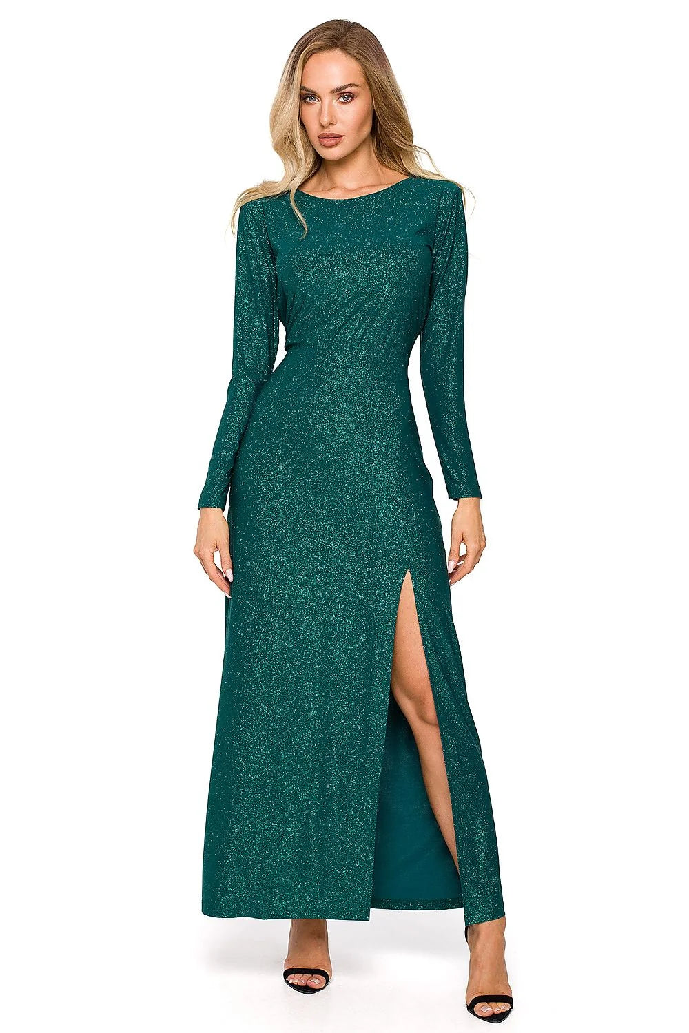 Robe de soirée élégante longue manches longues en brocart vert émeraude fente audacieuse pour femme
