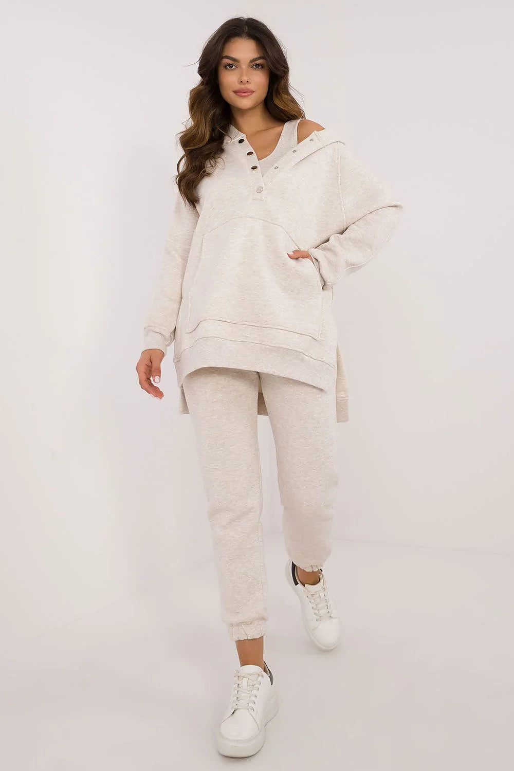 Ensemble décontracté femme hoodie pantalon coton polyester automne hiver beige clair coupe ample élastique sportswear mode