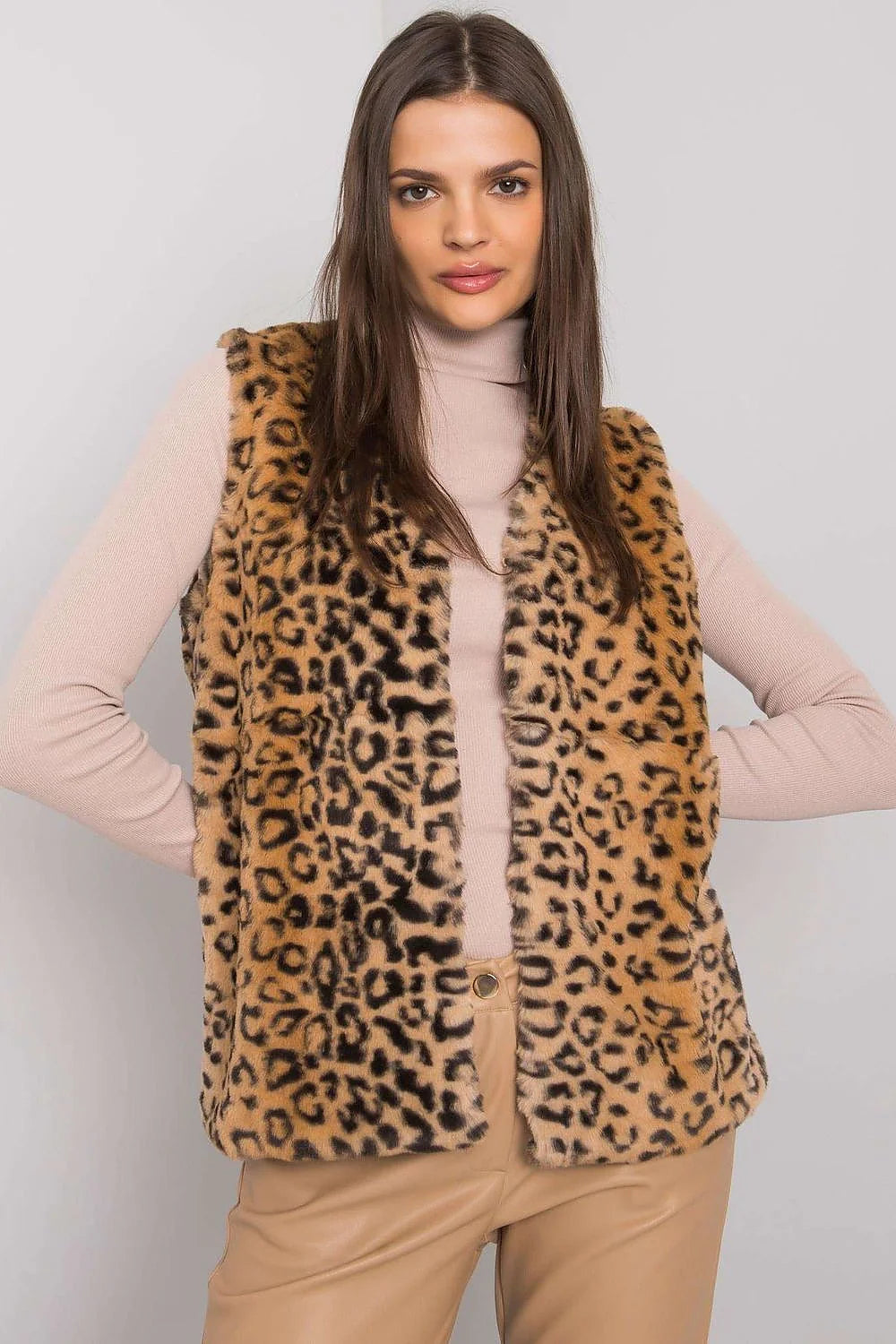 Gilet pour femme sans manches imprimé léopard faux fourrure doux col V mode moderne taille ajustable polyester 100%