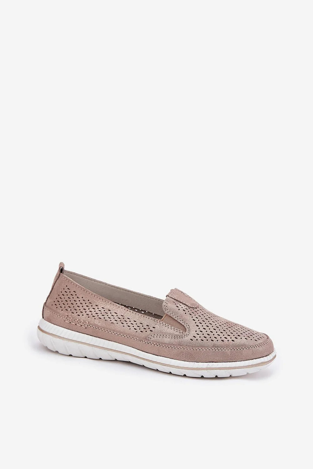 Mocassins pour femmes en cuir suédé naturel, style moderne, couleur taupe beige, perforé, semelle blanche, confort tout le jour, look élégant et décontracté
