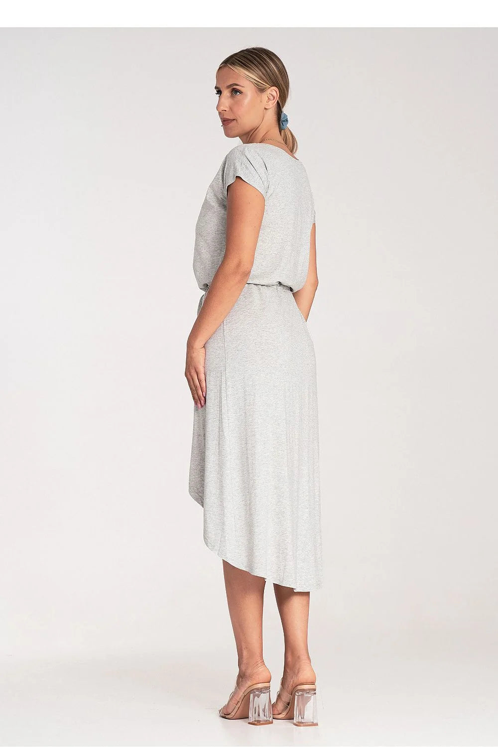 Robe de jour asymétrique en viscose manches courtes encolure superposée taille ajustable pour femme
