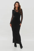 robe soirée longue manches longues dentelle noire taille ajustable cintrée silhouette élégante glamour transparente stretch viscose Makadamia